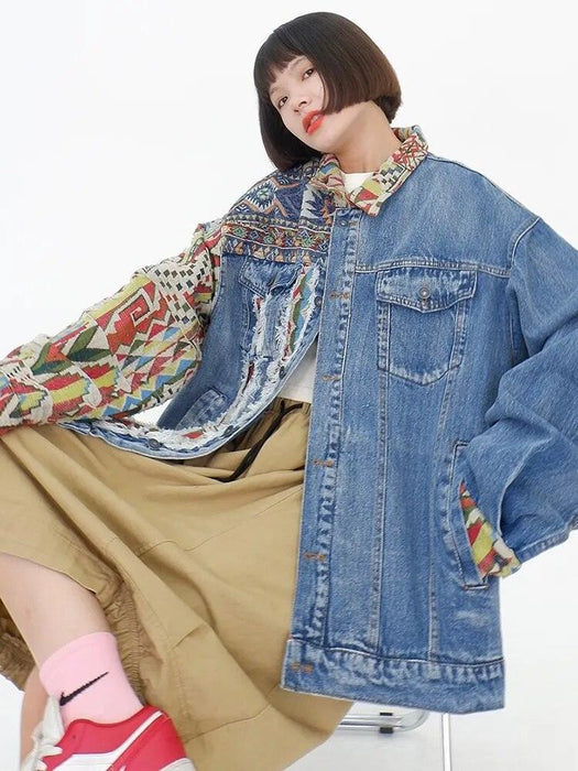 Chic Ethnic-Inspired Embroidered Denim Jacket with Distinctive Burrs Detailing