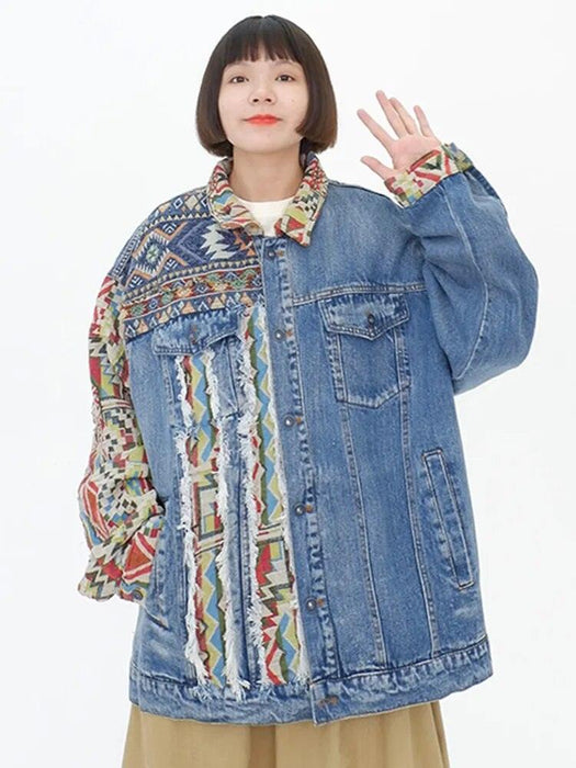 Chic Ethnic-Inspired Embroidered Denim Jacket with Distinctive Burrs Detailing