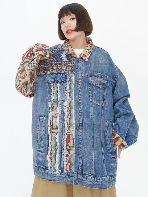 Chic Ethnic-Inspired Embroidered Denim Jacket with Distinctive Burrs Detailing