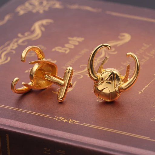 Elegant Gold Loki Helmet Cufflinks: Stylish Men's Accessory with a Touch of Mischief