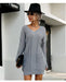 Cozy Grey V-Neck Sweater Dress with Long Sleeves