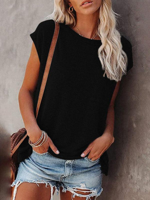 Stylish Off-Shoulder Pocket Tee: Trendy Solid Color Round Neck Shirt