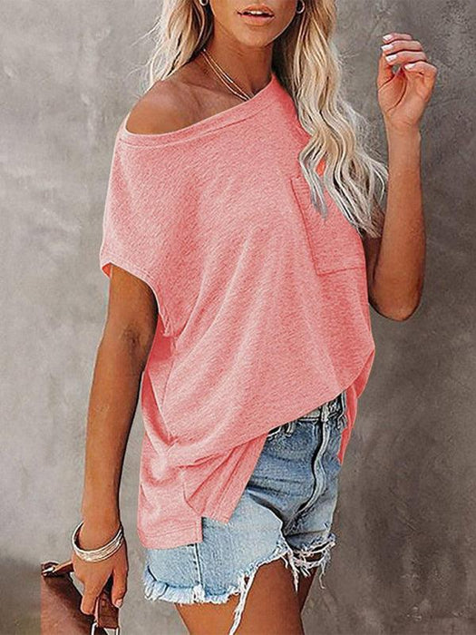 Stylish Off-Shoulder Pocket Tee: Trendy Solid Color Round Neck Shirt