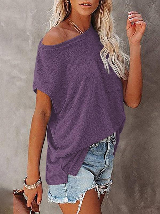 Stylish Off-Shoulder Pocket Tee: Trendy Solid Color Round Neck Shirt