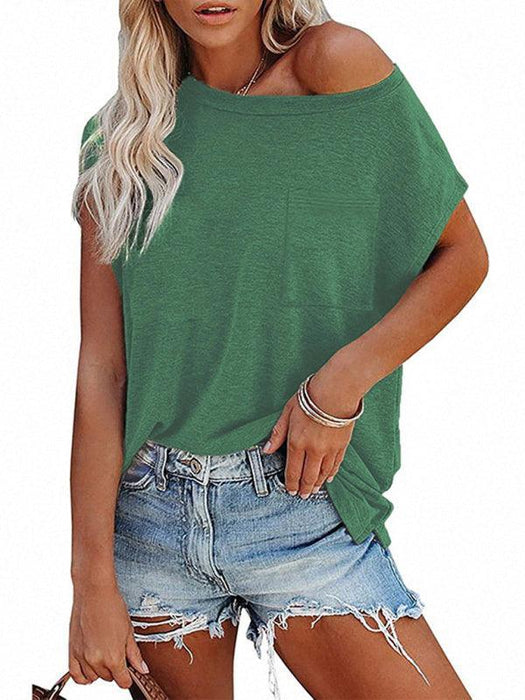 Stylish Off-Shoulder Pocket Tee: Trendy Solid Color Round Neck Shirt