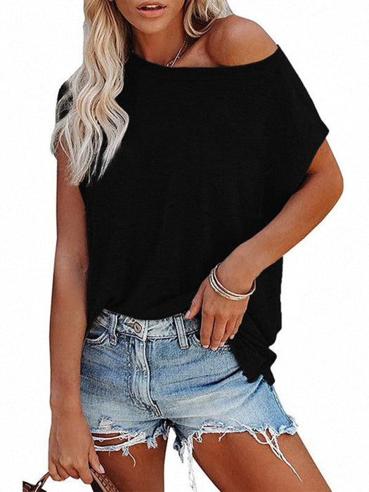 Stylish Off-Shoulder Pocket Tee: Trendy Solid Color Round Neck Shirt