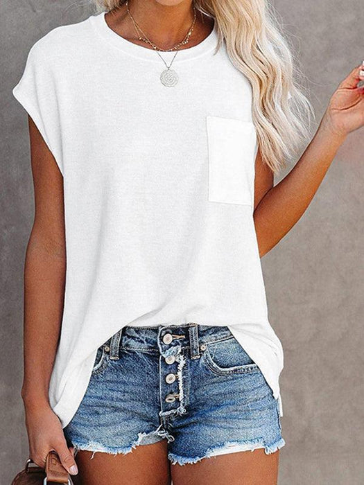 Stylish Off-Shoulder Pocket Tee: Trendy Solid Color Round Neck Shirt