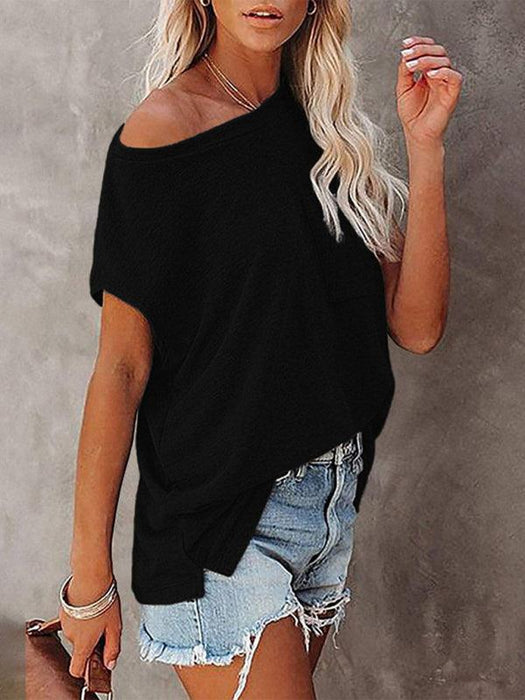 Stylish Off-Shoulder Pocket Tee: Trendy Solid Color Round Neck Shirt