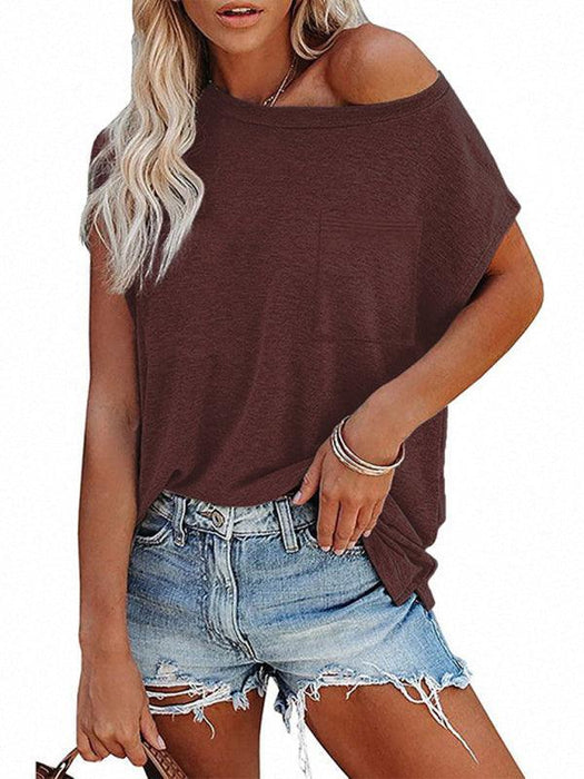 Stylish Off-Shoulder Pocket Tee: Trendy Solid Color Round Neck Shirt