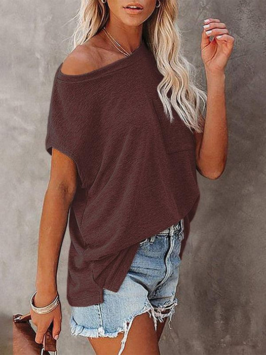 Stylish Off-Shoulder Pocket Tee: Trendy Solid Color Round Neck Shirt