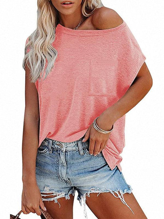 Stylish Off-Shoulder Pocket Tee: Trendy Solid Color Round Neck Shirt