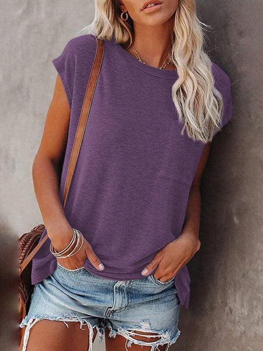 Stylish Off-Shoulder Pocket Tee: Trendy Solid Color Round Neck Shirt