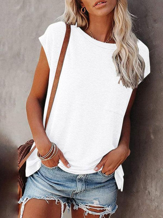 Stylish Off-Shoulder Pocket Tee: Trendy Solid Color Round Neck Shirt