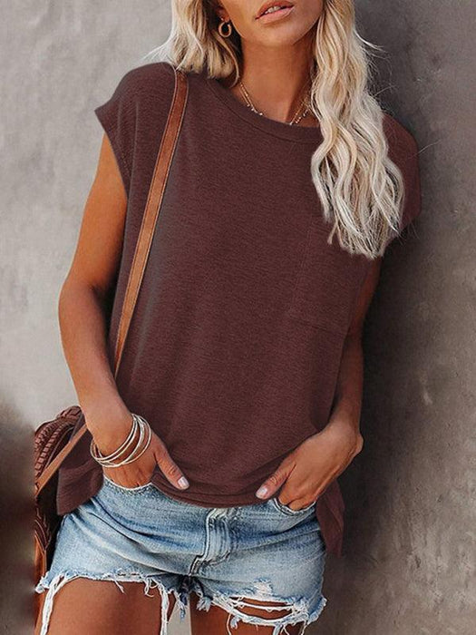 Stylish Off-Shoulder Pocket Tee: Trendy Solid Color Round Neck Shirt