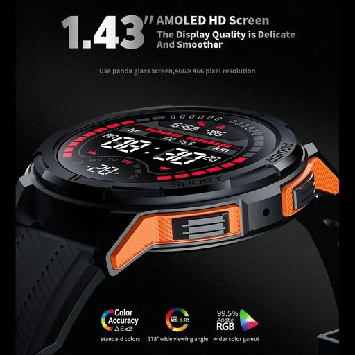 Men's Military-Grade Tactical Smartwatch - 1.43" AMOLED Touchscreen, Waterproof Design, Bluetooth Calling, 100+ Fitness Modes, Extended Battery Life