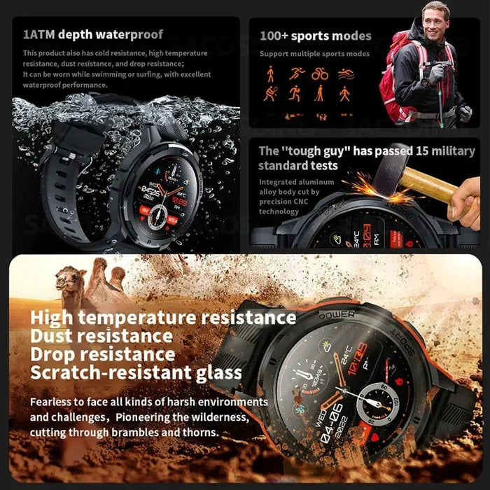 Men's Military-Grade Tactical Smartwatch - 1.43" AMOLED Touchscreen, Waterproof Design, Bluetooth Calling, 100+ Fitness Modes, Extended Battery Life