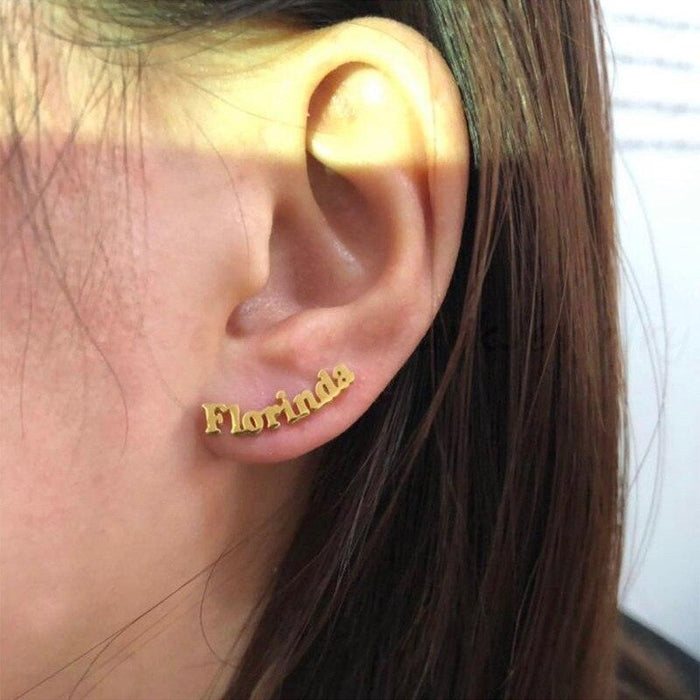 Custom Name Engraved Gold Stainless Steel Earrings for Women