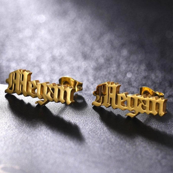 Custom Name Engraved Gold Stainless Steel Earrings for Women