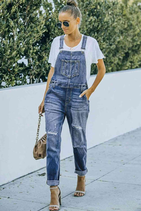 Distressed Acid Wash Denim Overalls with Functional Pockets