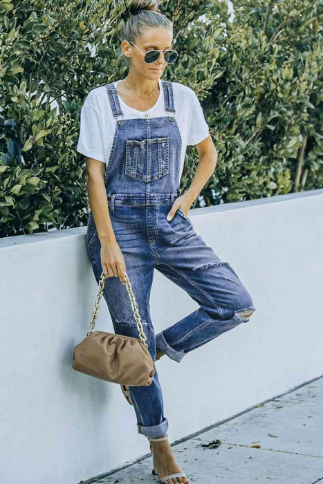 Distressed Acid Wash Denim Overalls with Functional Pockets