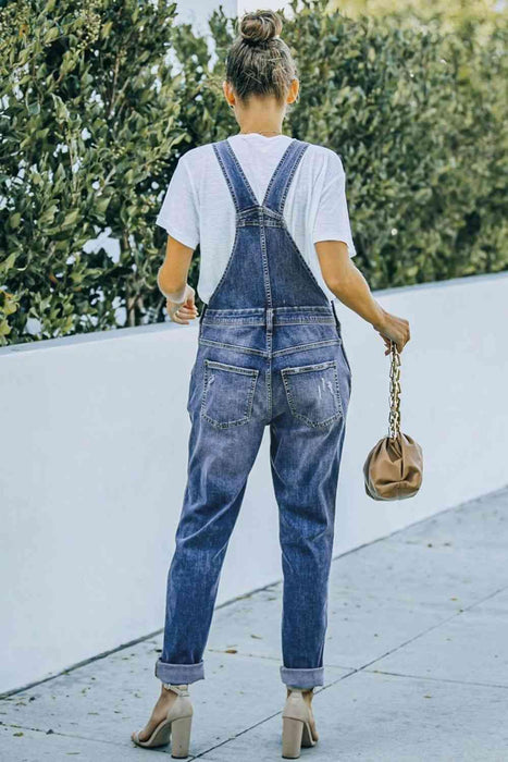 Distressed Acid Wash Denim Overalls with Functional Pockets