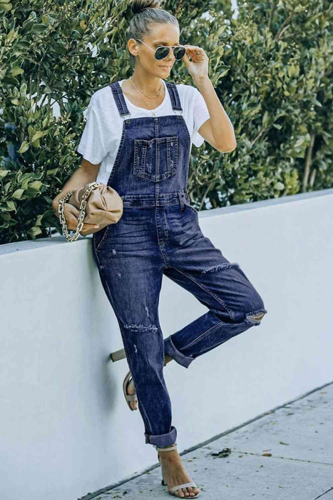 Distressed Acid Wash Denim Overalls with Functional Pockets