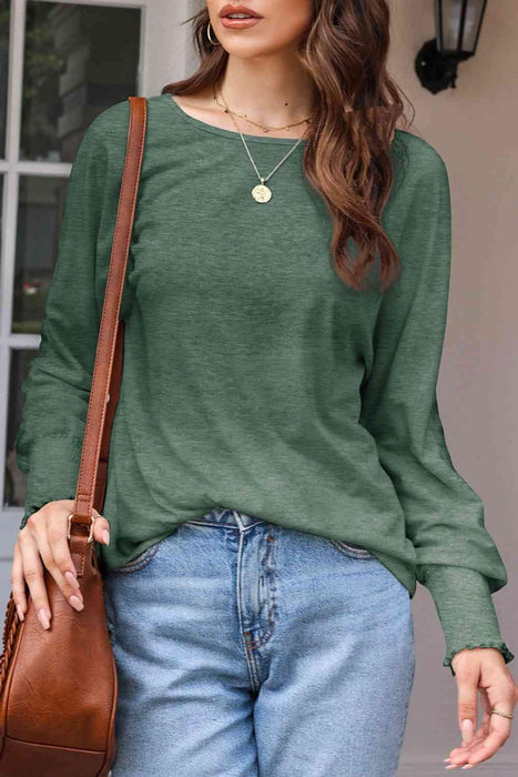 Smocked Round Neck Blouse with Elegant Long Sleeves