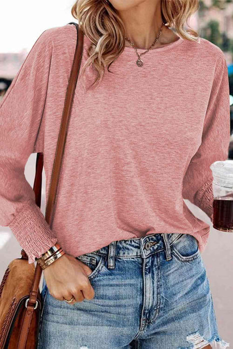 Smocked Round Neck Blouse with Elegant Long Sleeves