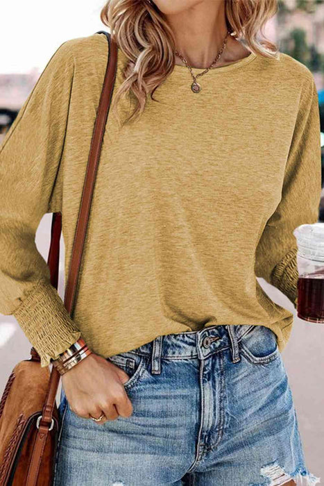 Smocked Round Neck Blouse with Elegant Long Sleeves