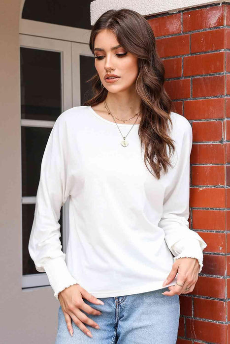 Smocked Round Neck Blouse with Elegant Long Sleeves