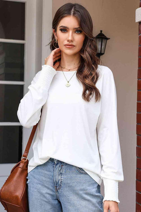 Smocked Round Neck Blouse with Elegant Long Sleeves