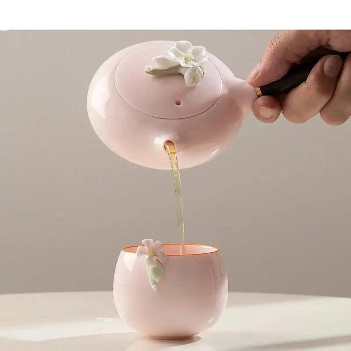 Sheep Fat Jade Kung Fu Tea Pot Set with Pink Ceramic Teapot - 150ml Capacity and Wooden Handle for Luxurious Tea Time Experience