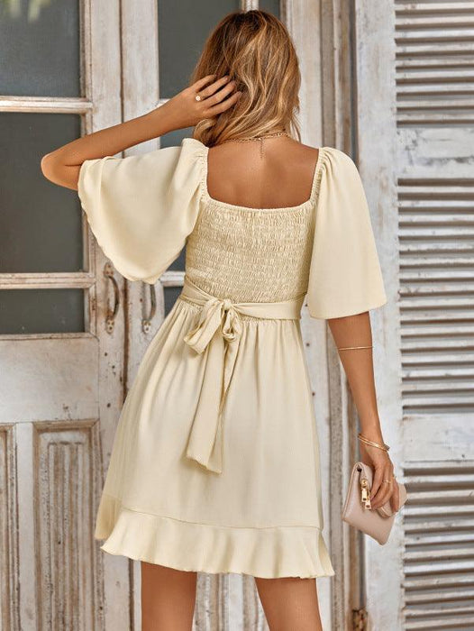 Elegant Ruffled V-Neck Summer Dress with Stylish Drop Sleeves