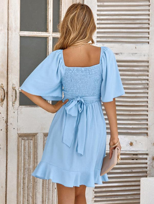 Elegant V-Neck Summer Dress with Ruffled Waist and Stylish Drop Sleeves