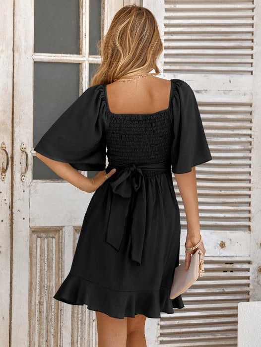 Elegant V-Neck Summer Dress with Ruffled Waist and Stylish Drop Sleeves