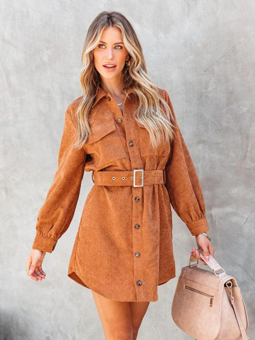 Stylish Corduroy Long-Sleeve Dress with Adjustable Waist Belt - Women's Casual Chic Fashion