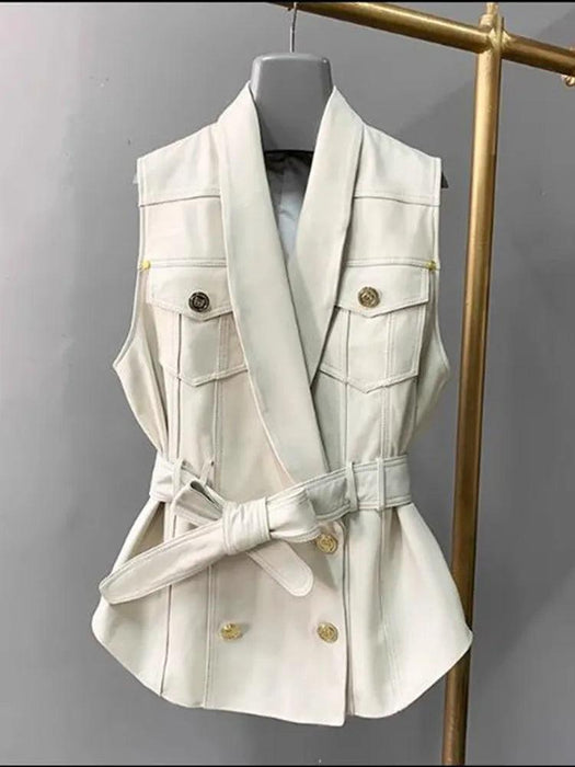 Sheepskin Sleeveless Leather Waistcoat with Belt - Chic Women's Outerwear for Transitional Seasons