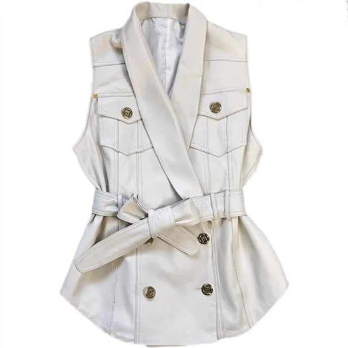 Sheepskin Sleeveless Leather Waistcoat with Belt - Chic Women's Outerwear for Transitional Seasons