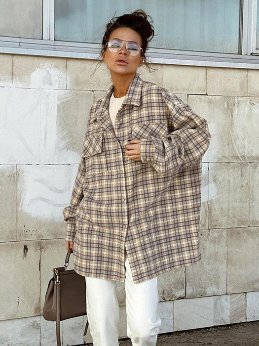 Chic Vintage Plaid Oversized Shirt Jacket - Timeless Style for Women