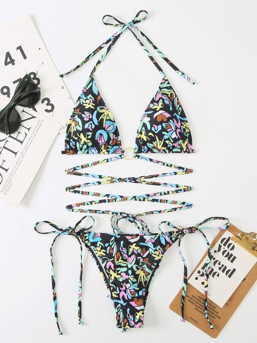 Tropical Paradise Lace-Up Bikini Set - Colorful Floral Print Swimsuit