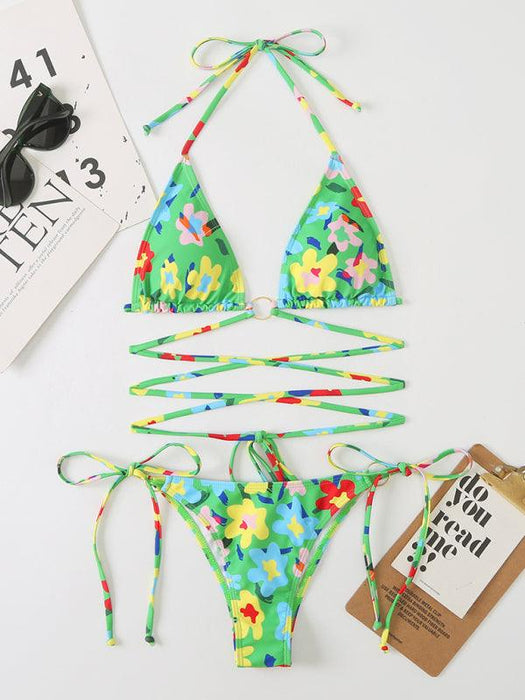 Tropical Paradise Lace-Up Bikini Set - Colorful Floral Print Swimsuit