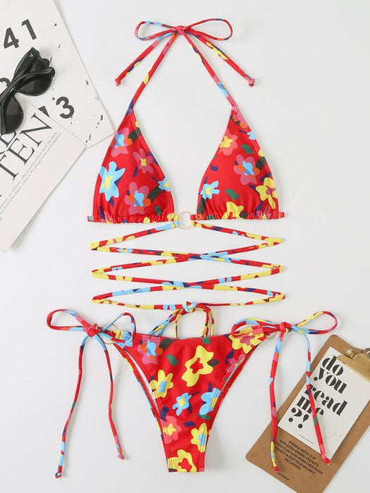 Tropical Paradise Lace-Up Bikini Set - Colorful Floral Print Swimsuit