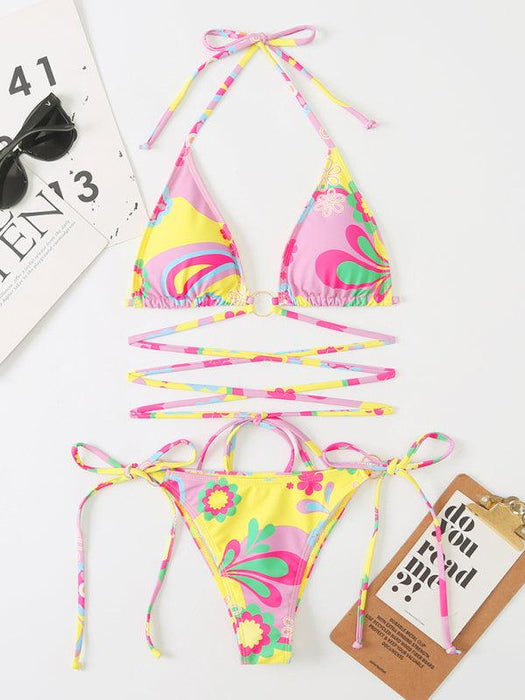 Floral Fantasy Lace-Up Bikini Set - Colorful Floral Print Swimsuit