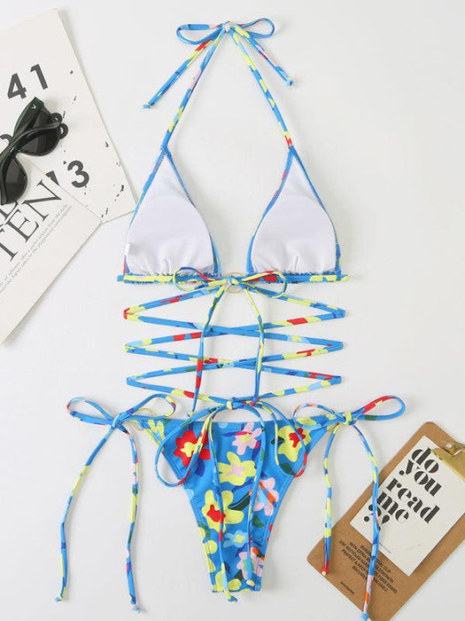 Tropical Paradise Lace-Up Bikini Set - Colorful Floral Print Swimsuit