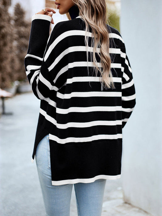 Vibrant Striped Knit Sweater with Round Neck - Women's Autumn-Winter Fashion