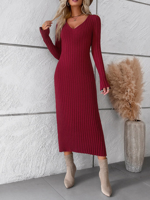 Cozy V-Neck Knit Sweater Dress: Timeless Elegance for Fall-Winter