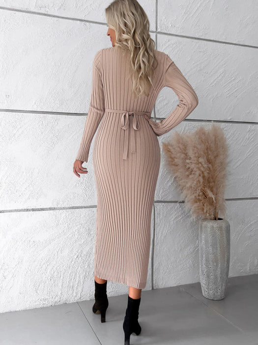 Cozy V-Neck Knit Sweater Dress: Timeless Elegance for Fall-Winter