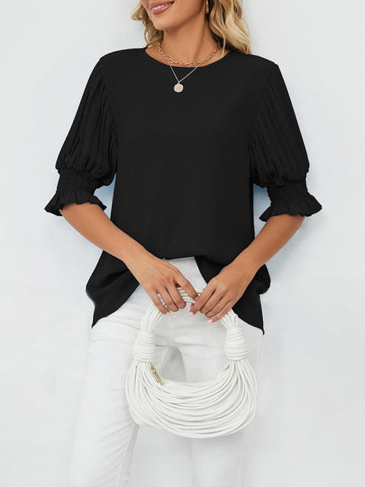 Chic Printed Puff Sleeve Blouse with Crew Neck Design in 100% Polyester