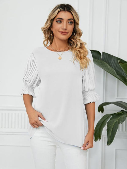 Elegant Crew-Neck Printed Puff Sleeve Blouse crafted from Polyester