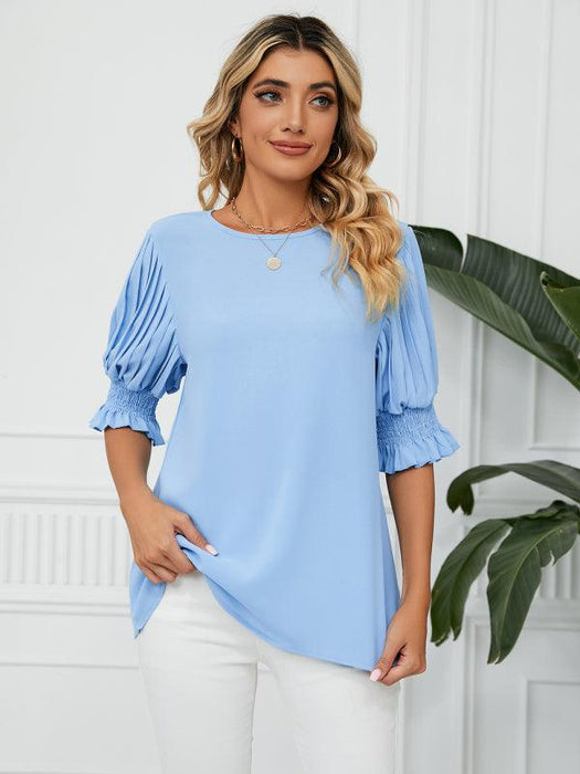 Chic Printed Puff Sleeve Blouse with Crew Neck Design in 100% Polyester